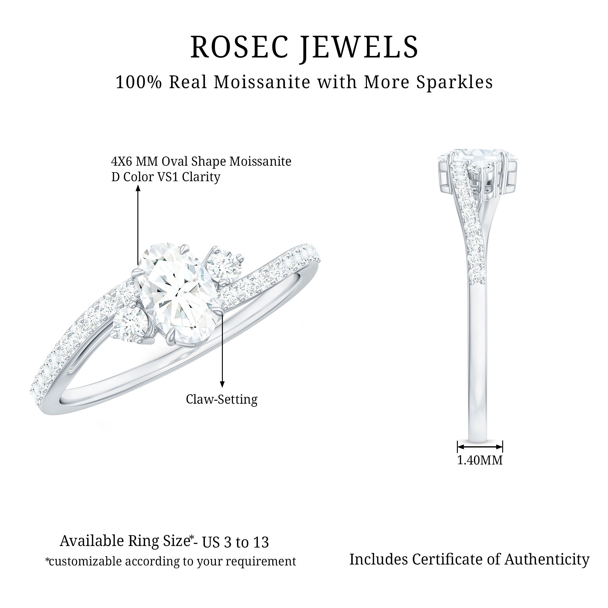 Oval Shape Moissanite Bypass Engagement Ring with Side Stones