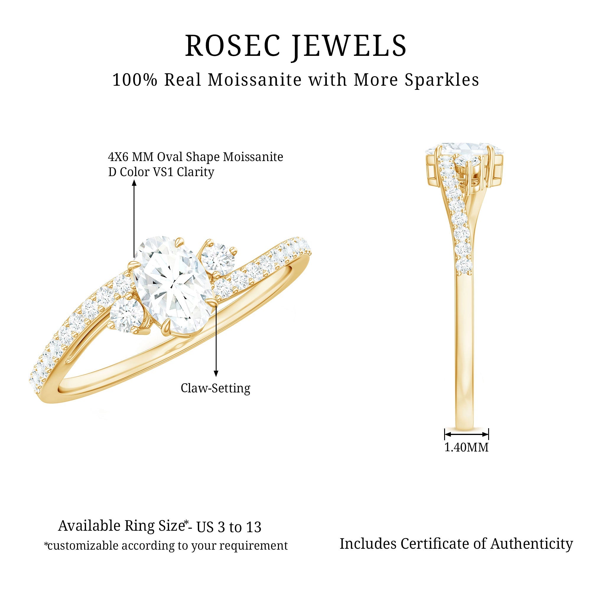 Oval Shape Moissanite Bypass Engagement Ring with Side Stones