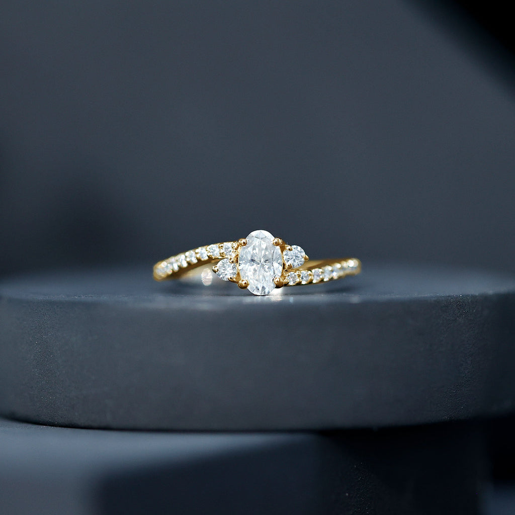 Oval Shape Moissanite Bypass Engagement Ring with Side Stones