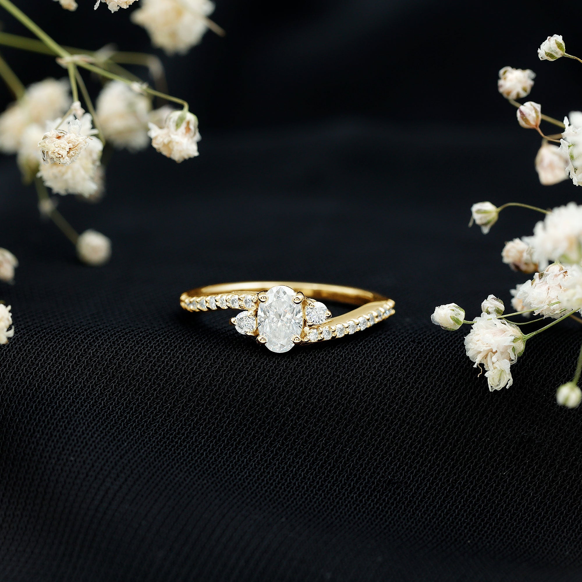 Oval Shape Moissanite Bypass Engagement Ring with Side Stones