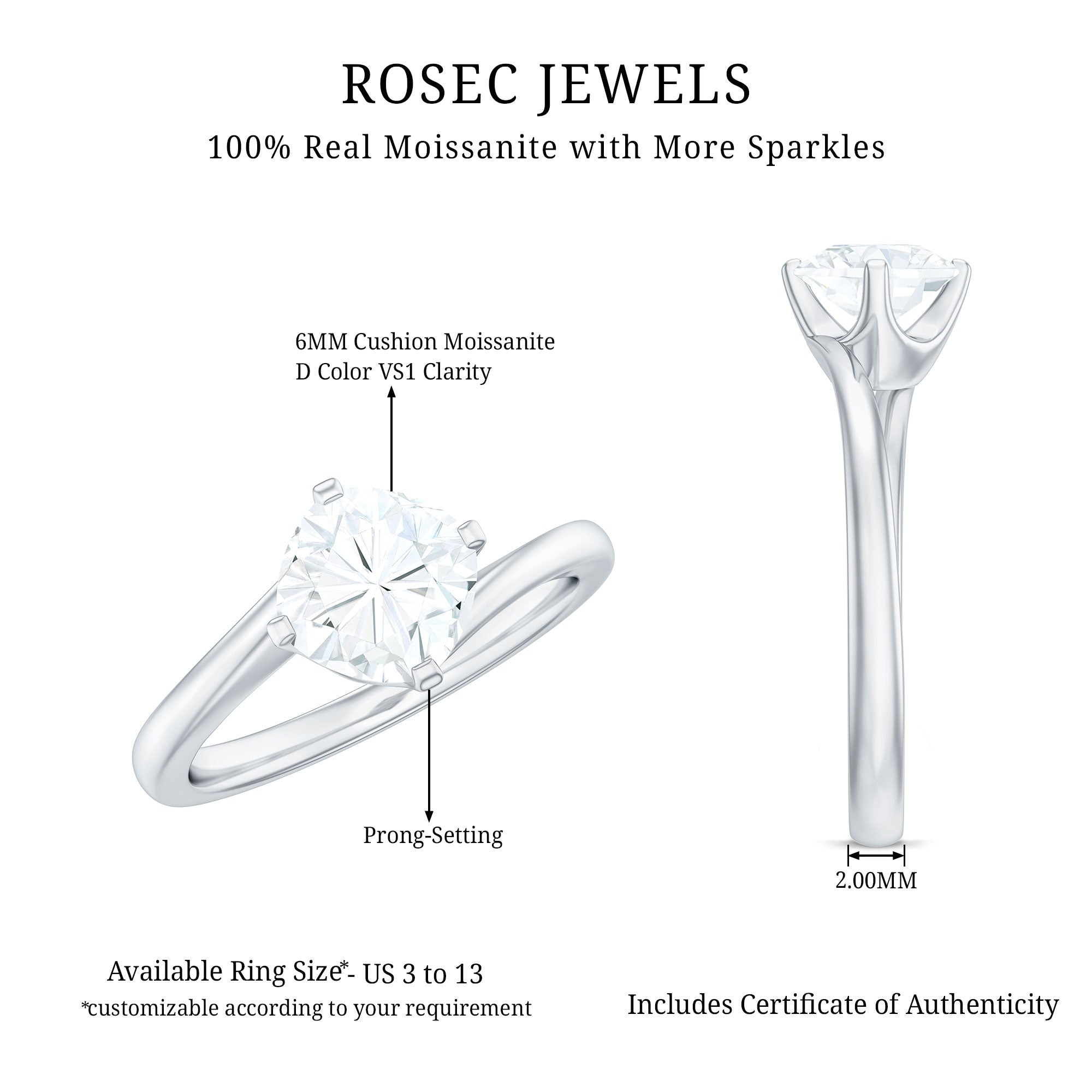 Cushion Cut Moissanite Solitaire Bypass Promise Ring in Gold