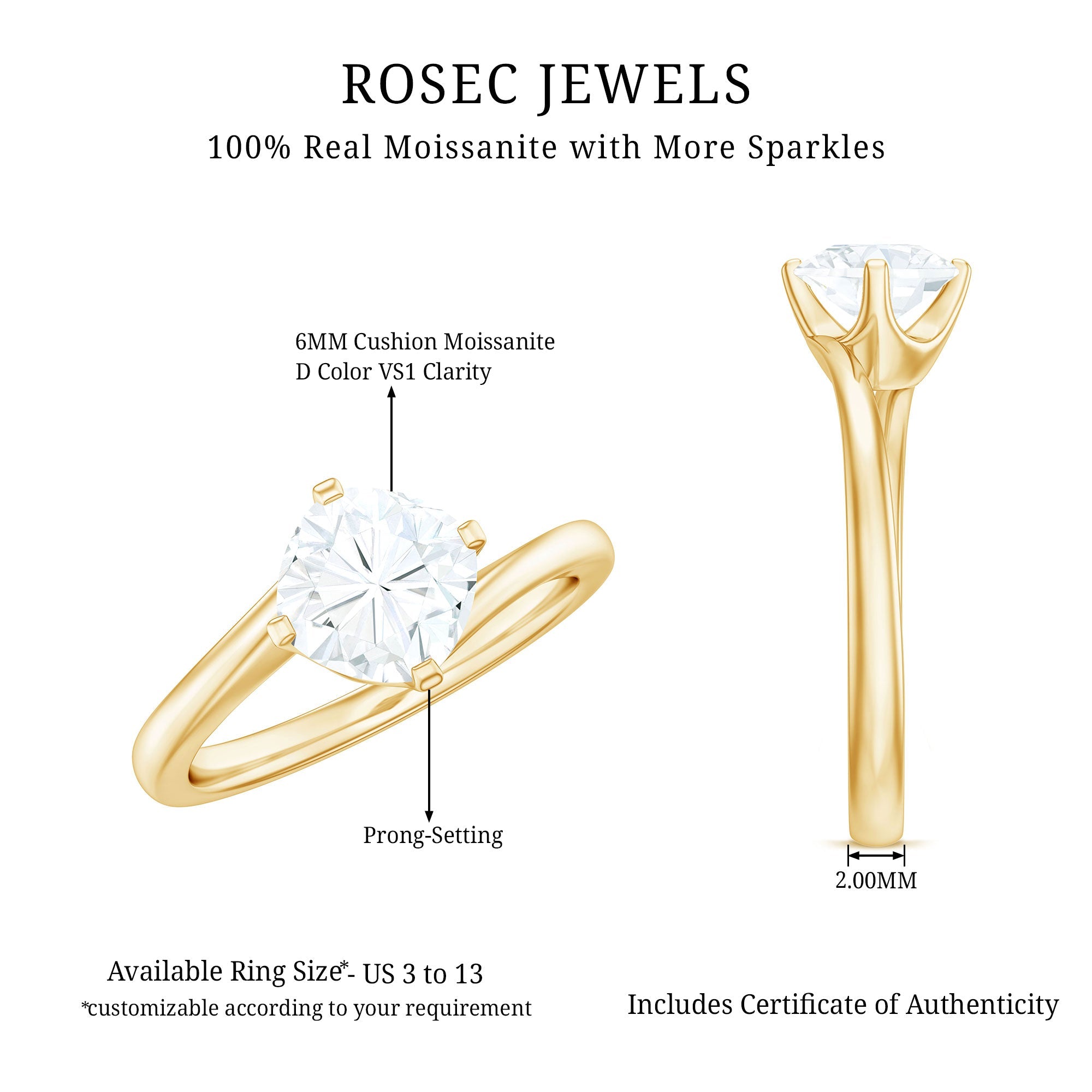 Cushion Cut Moissanite Solitaire Bypass Promise Ring in Gold