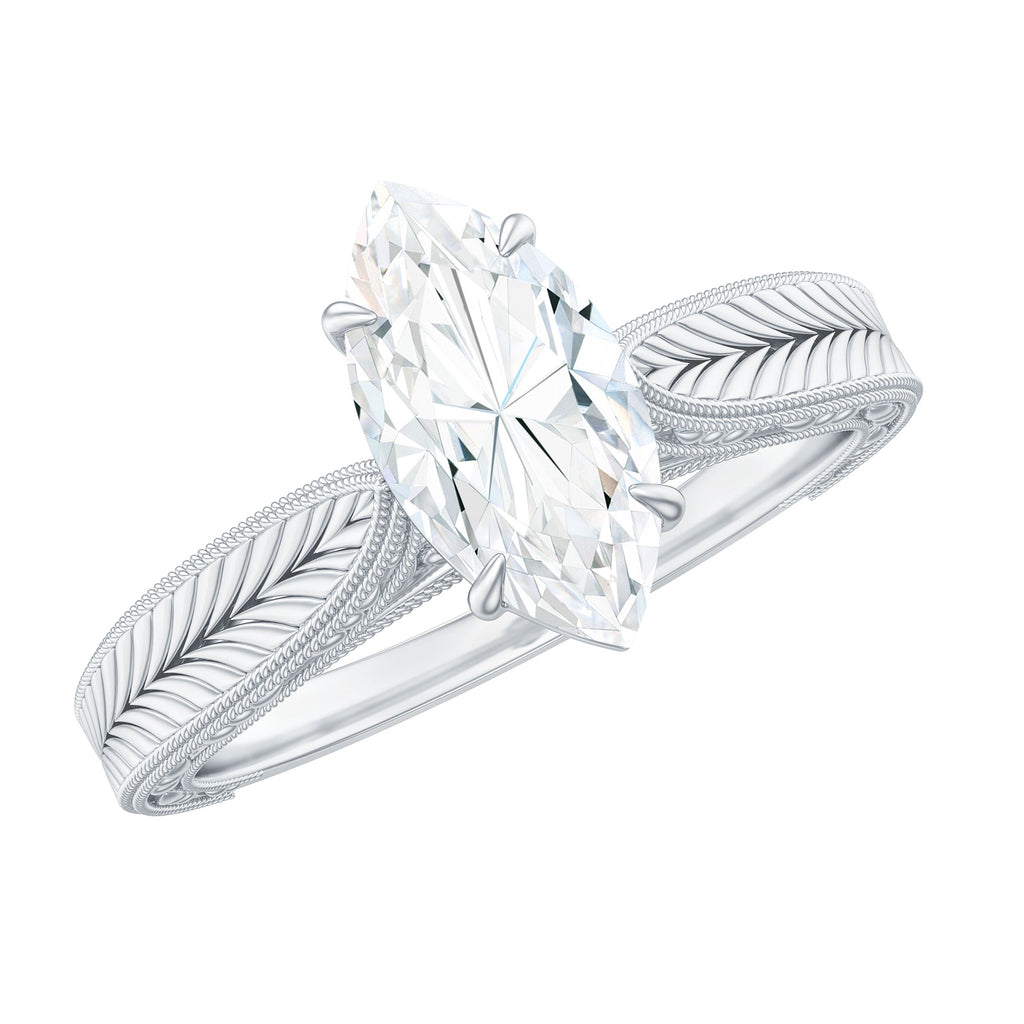 5x10mm Moissanite Marquise Engagement Ring with Leaf Engraved Shank