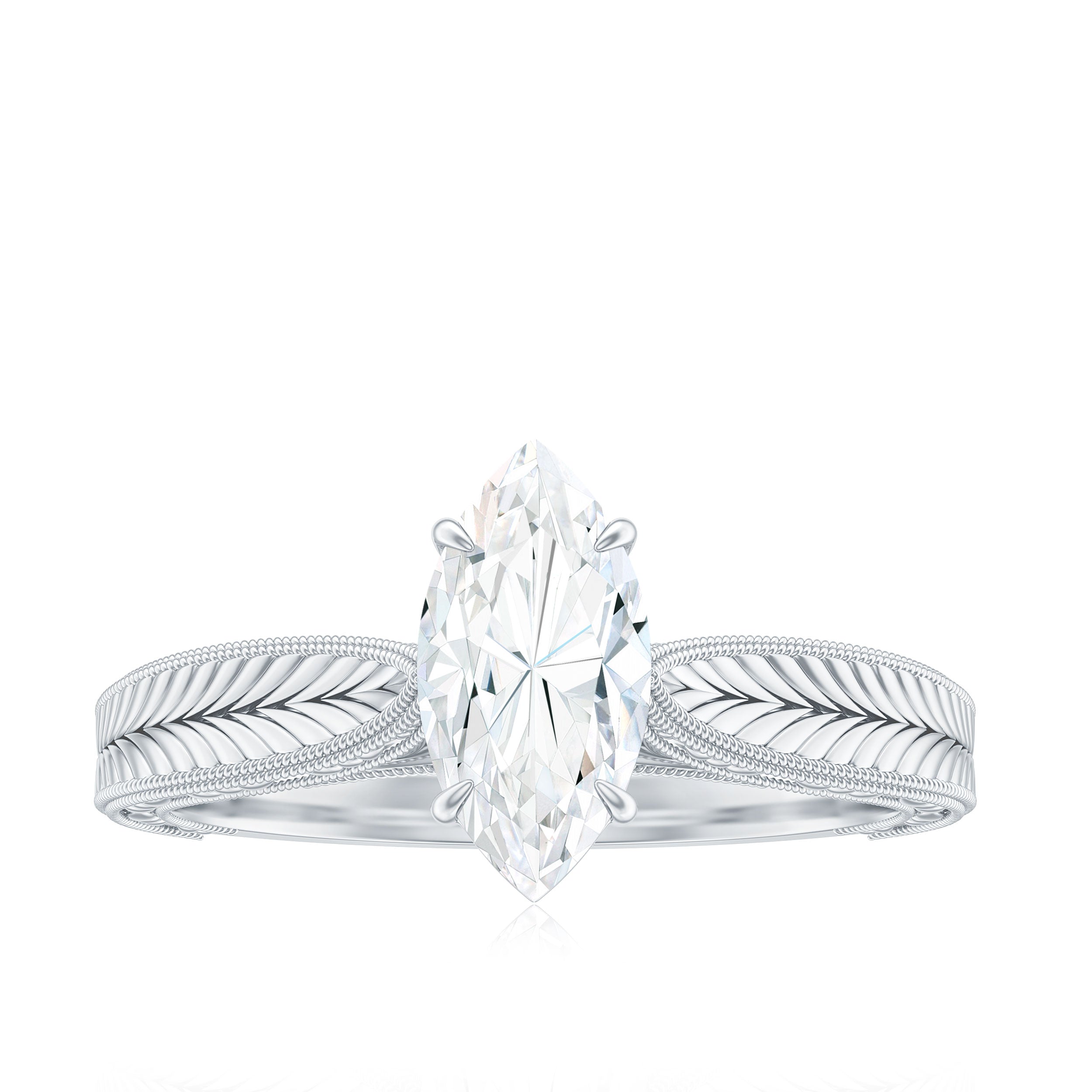 5x10mm Moissanite Marquise Engagement Ring with Leaf Engraved Shank