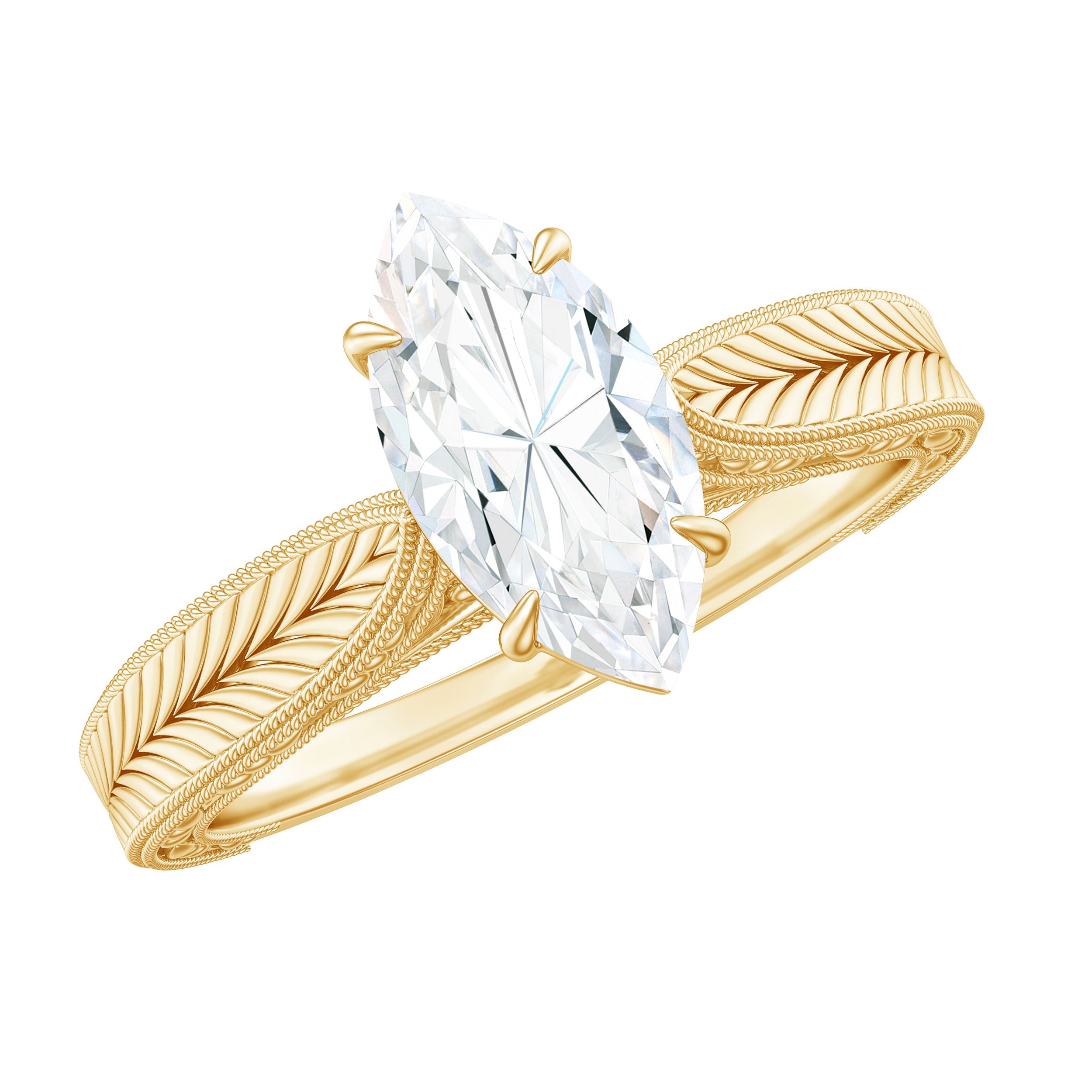 5x10mm Moissanite Marquise Engagement Ring with Leaf Engraved Shank