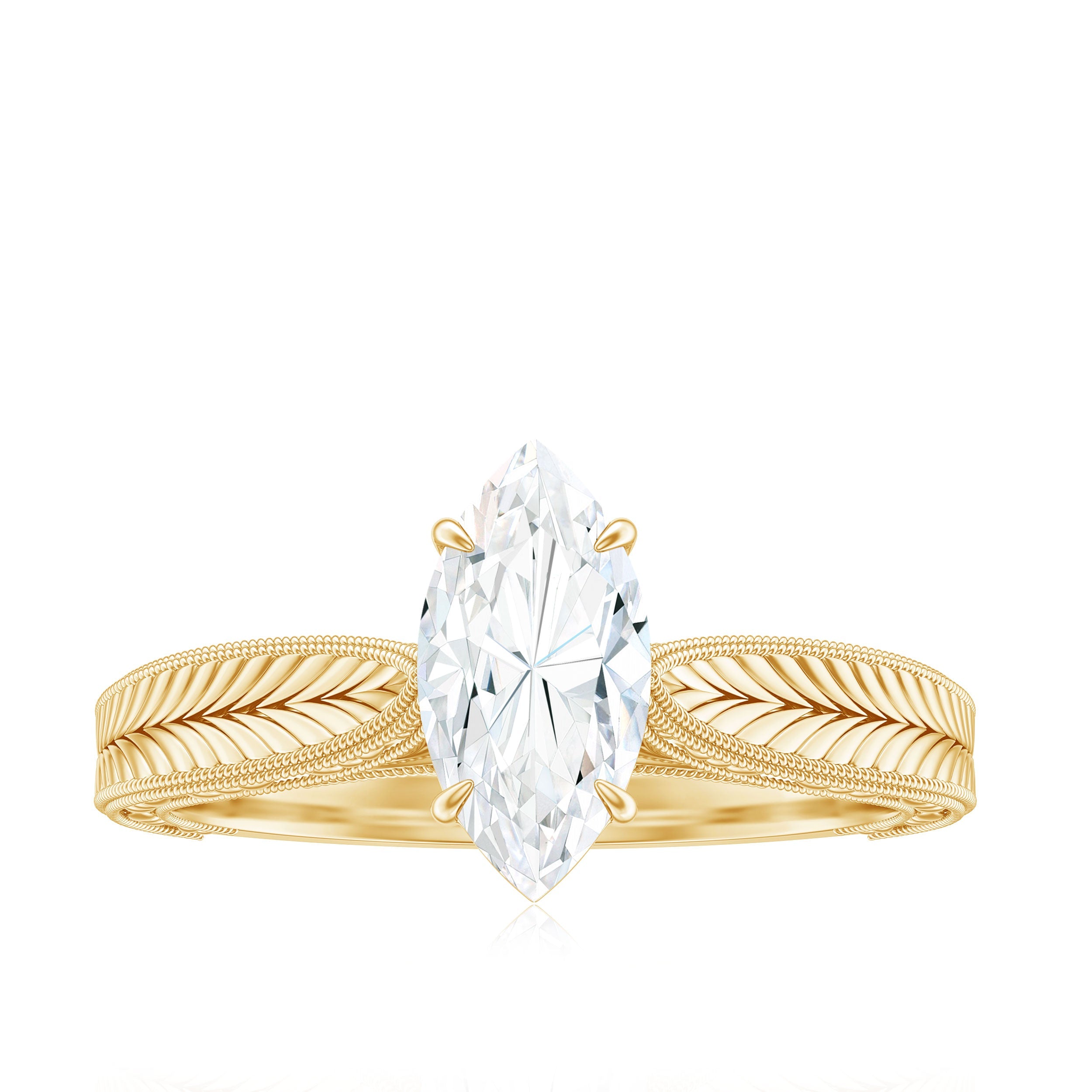 5x10mm Moissanite Marquise Engagement Ring with Leaf Engraved Shank
