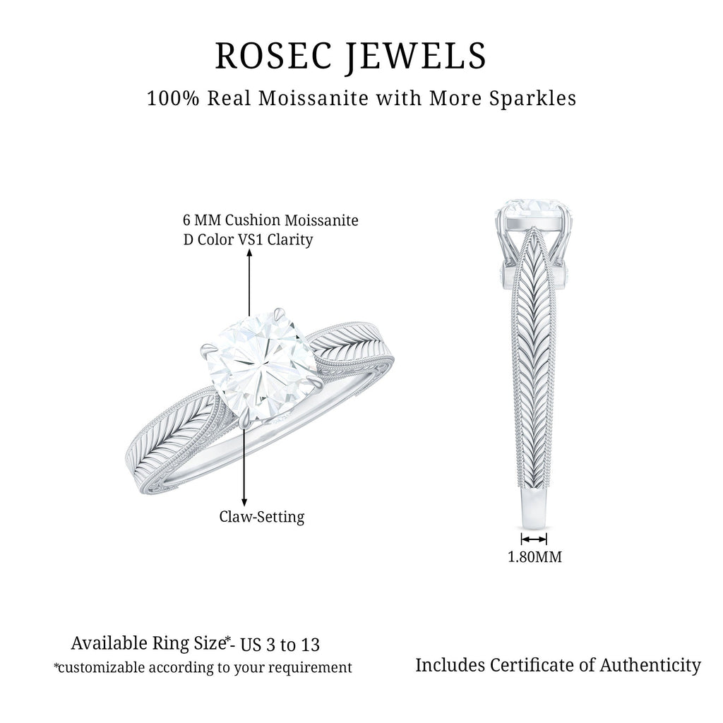 6 mm Cushion Cut Moissanite Solitaire Vintage Inspired Engagement Ring