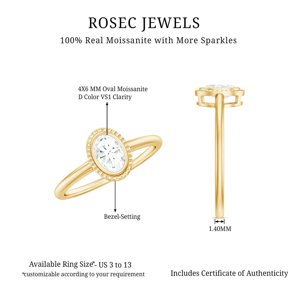 4X6mm Oval Cut Moissanite Solitaire Ring in Bezel Setting