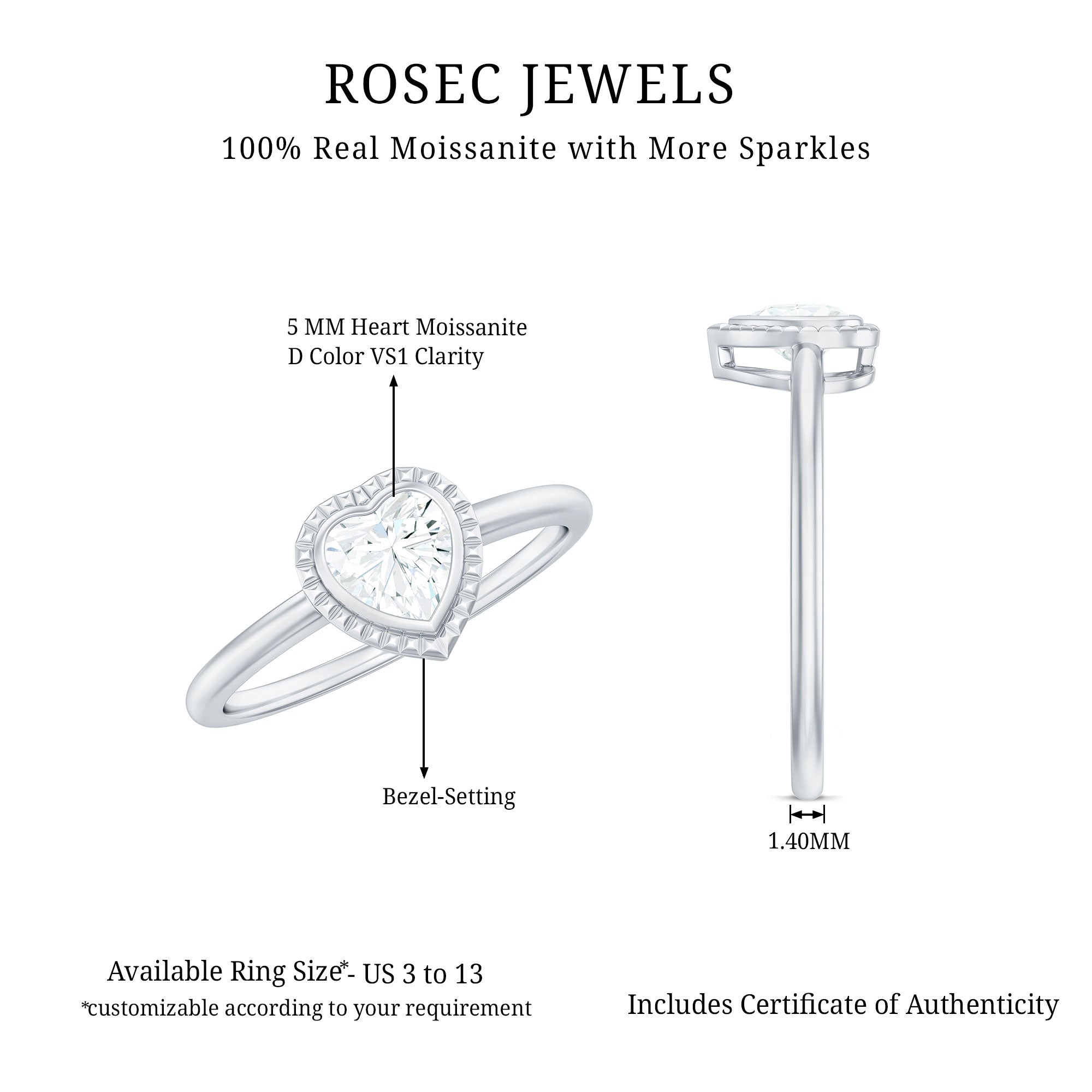 5mm Moissanite Heart Promise Ring in Bezel Setting