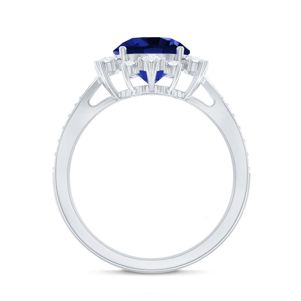Lab Grown Blue Sapphire Round Engagement Ring with Diamond Accent