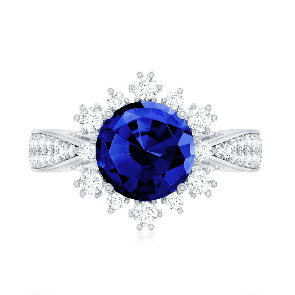 Lab Grown Blue Sapphire Round Engagement Ring with Diamond Accent