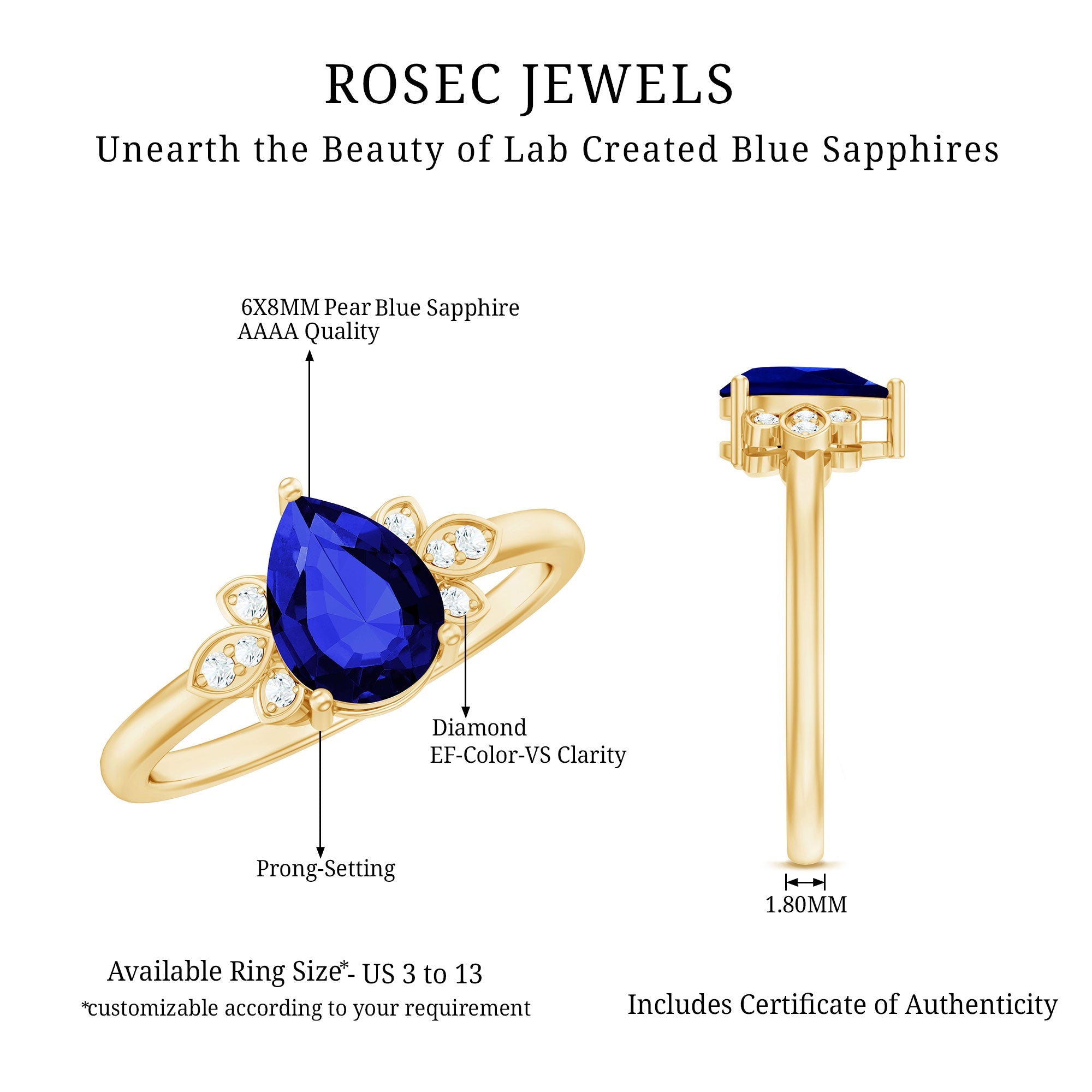 Certified Lab Grown Blue Sapphire Teardrop Engagement Ring with Diamonds