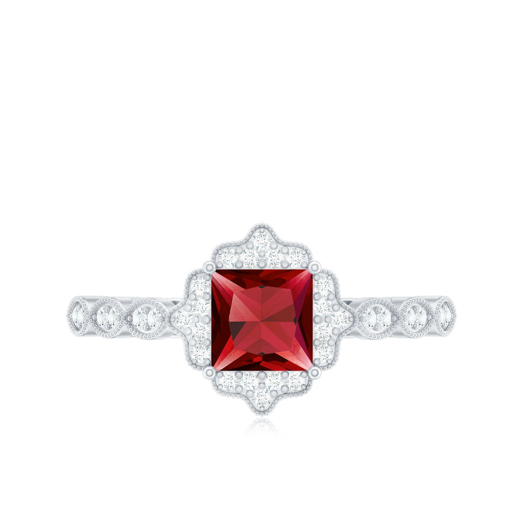 Certified Lab Created Ruby Square Cut Engagement Ring with Diamonds