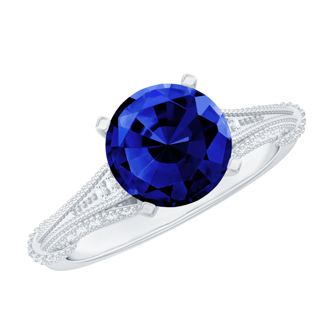 Lab Grown Blue Sapphire Solitaire Engagement Ring with Diamond Accent