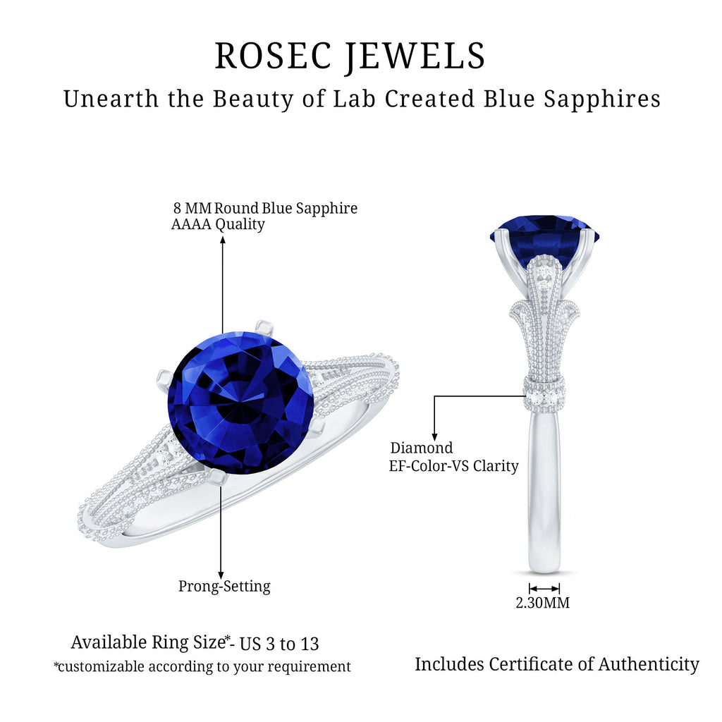 Lab Grown Blue Sapphire Solitaire Engagement Ring with Diamond Accent