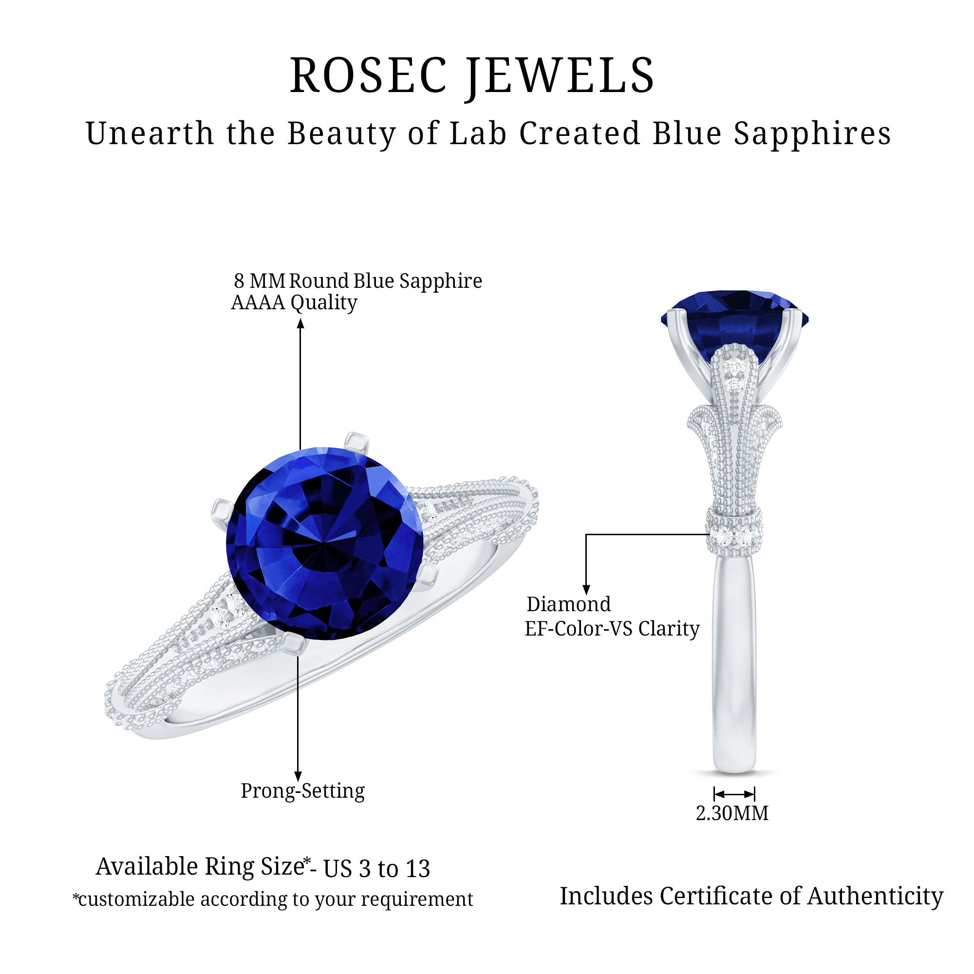 Lab Grown Blue Sapphire Solitaire Engagement Ring with Diamond Accent