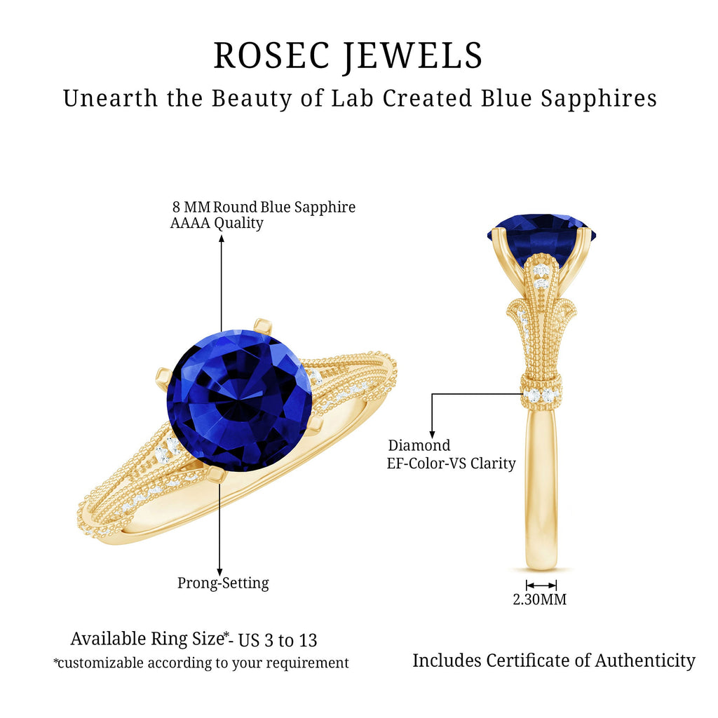 Lab Grown Blue Sapphire Solitaire Engagement Ring with Diamond Accent