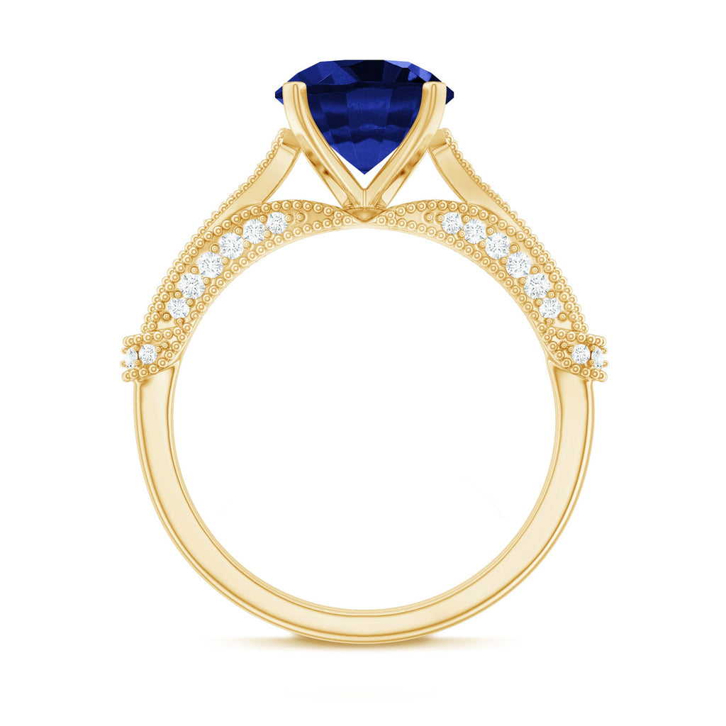 Lab Grown Blue Sapphire Solitaire Engagement Ring with Diamond Accent