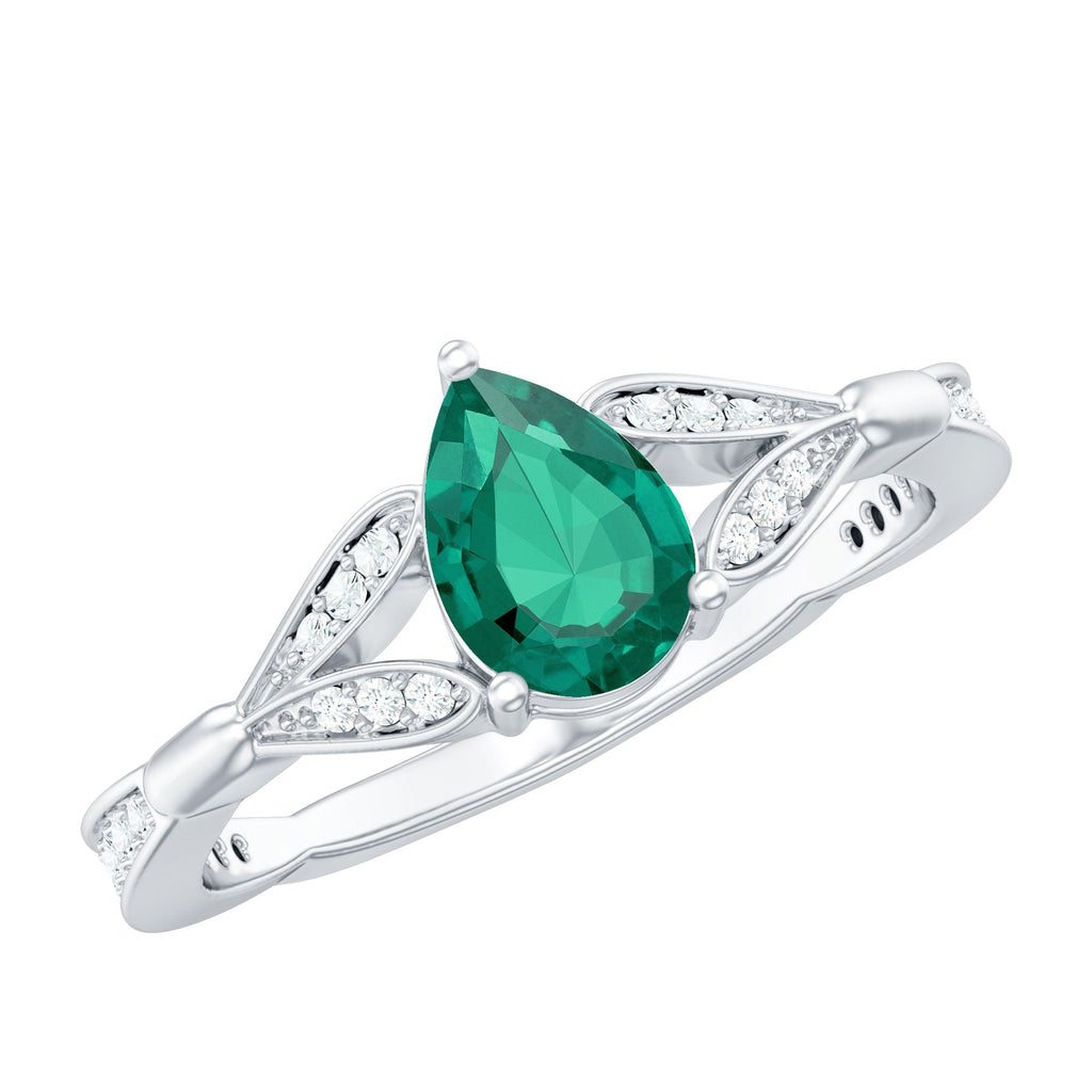 Pear Shape Lab Grown Emerald Teardrop Engagement Ring With Diamond