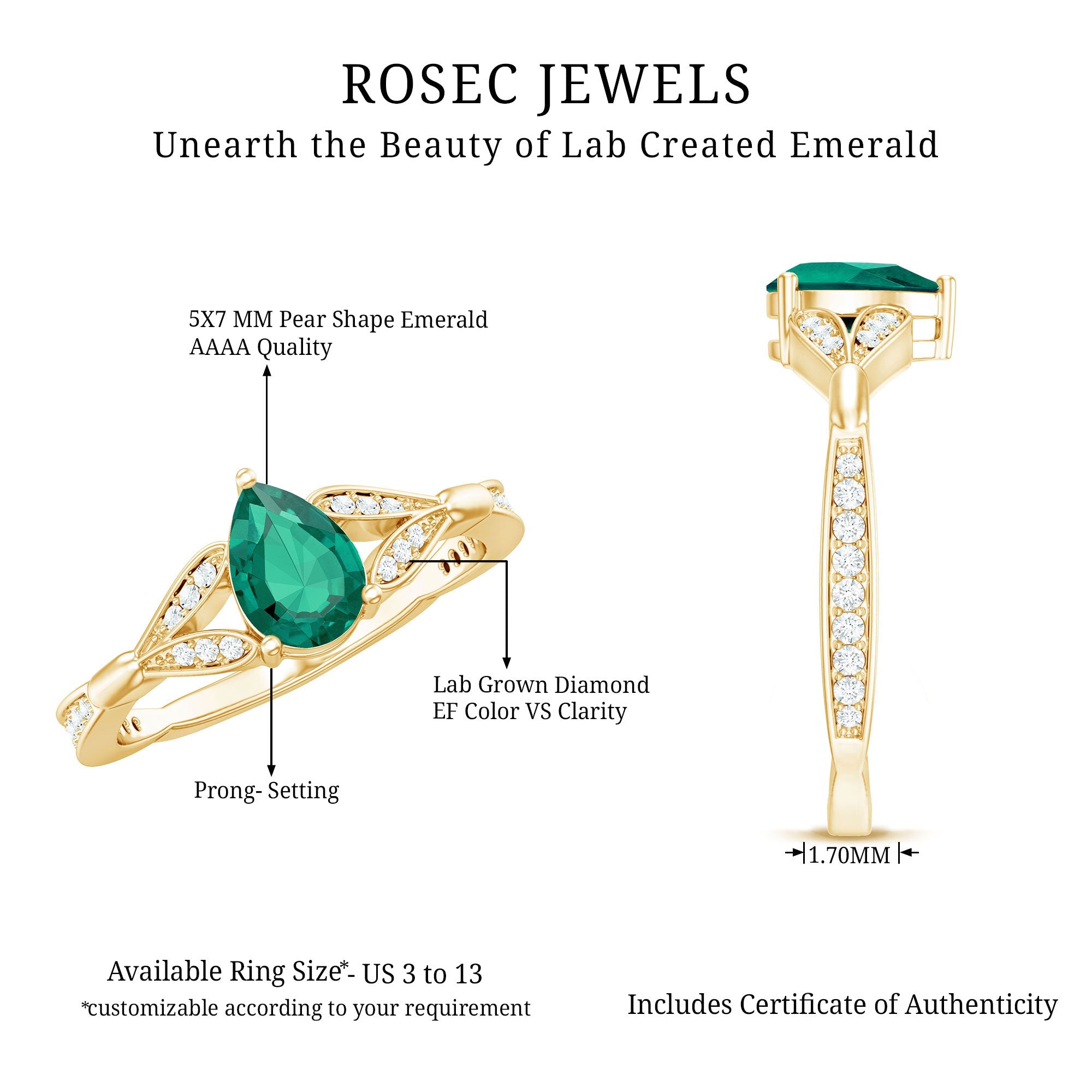 Pear Shape Lab Grown Emerald Teardrop Engagement Ring With Diamond