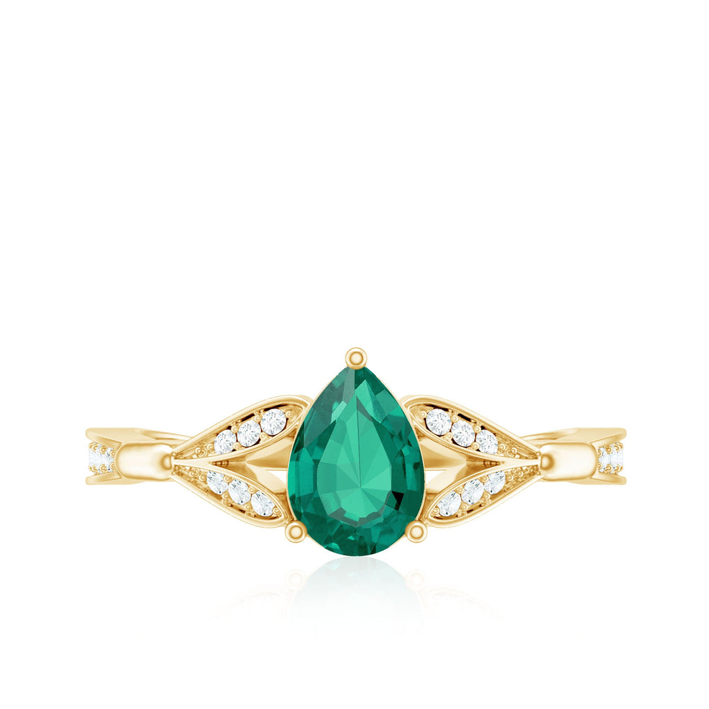 Pear Shape Lab Grown Emerald Teardrop Engagement Ring With Diamond