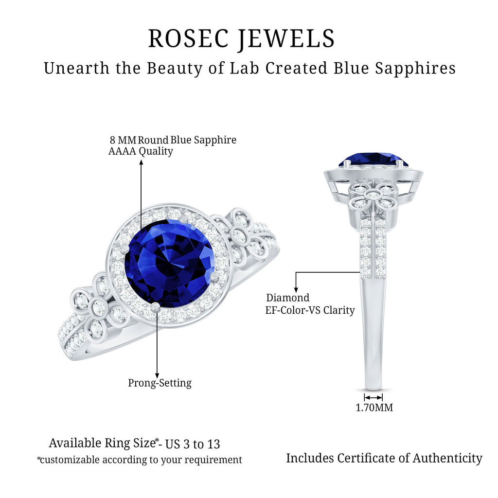 Lab Grown Blue Sapphire Circle Engagement Ring with Diamond Accent