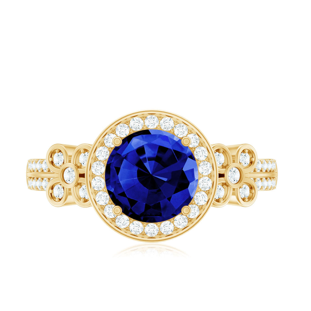 Lab Grown Blue Sapphire Circle Engagement Ring with Diamond Accent
