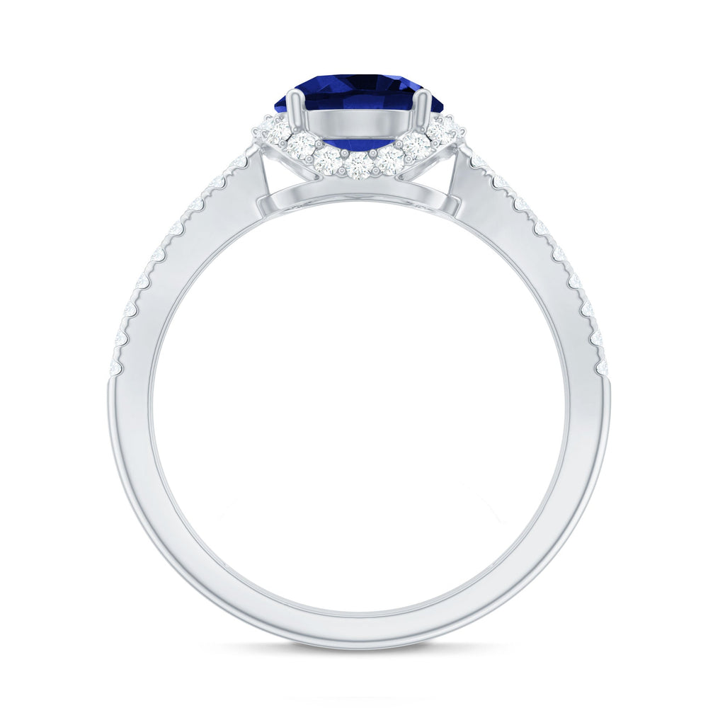 Lab Grown Blue Sapphire Round Engagement Ring with Diamond Halo