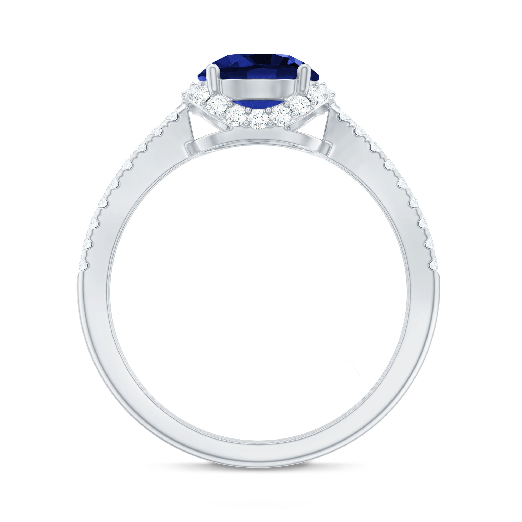 Lab Grown Blue Sapphire Round Engagement Ring with Diamond Halo