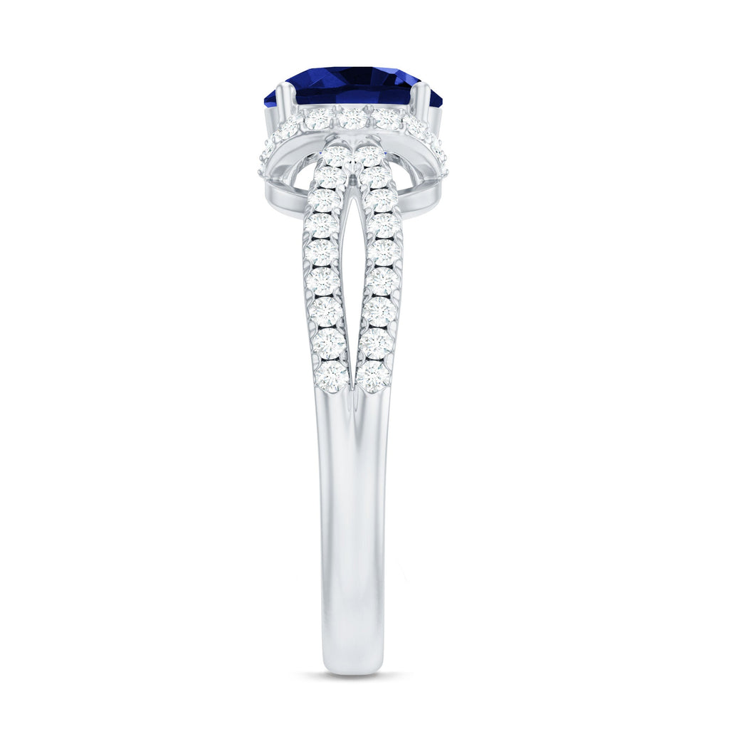 Lab Grown Blue Sapphire Round Engagement Ring with Diamond Halo