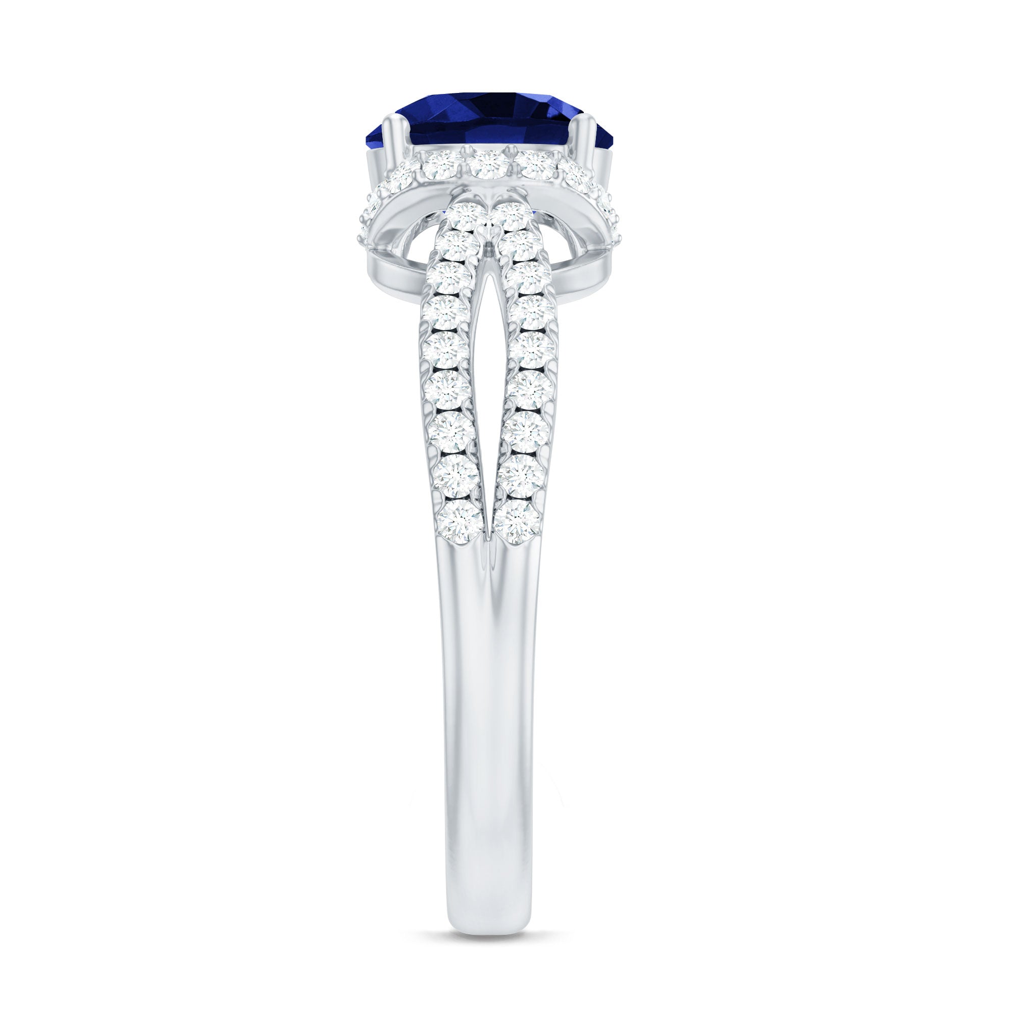 Lab Grown Blue Sapphire Round Engagement Ring with Diamond Halo