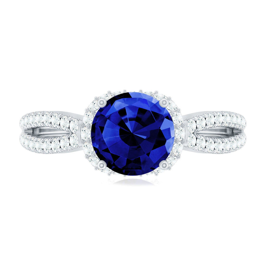 Lab Grown Blue Sapphire Round Engagement Ring with Diamond Halo