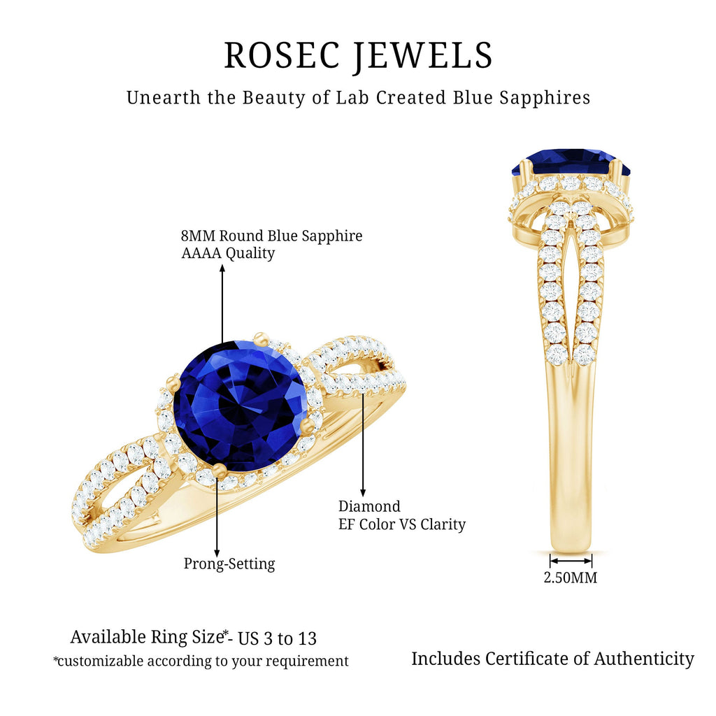 Lab Grown Blue Sapphire Round Engagement Ring with Diamond Halo