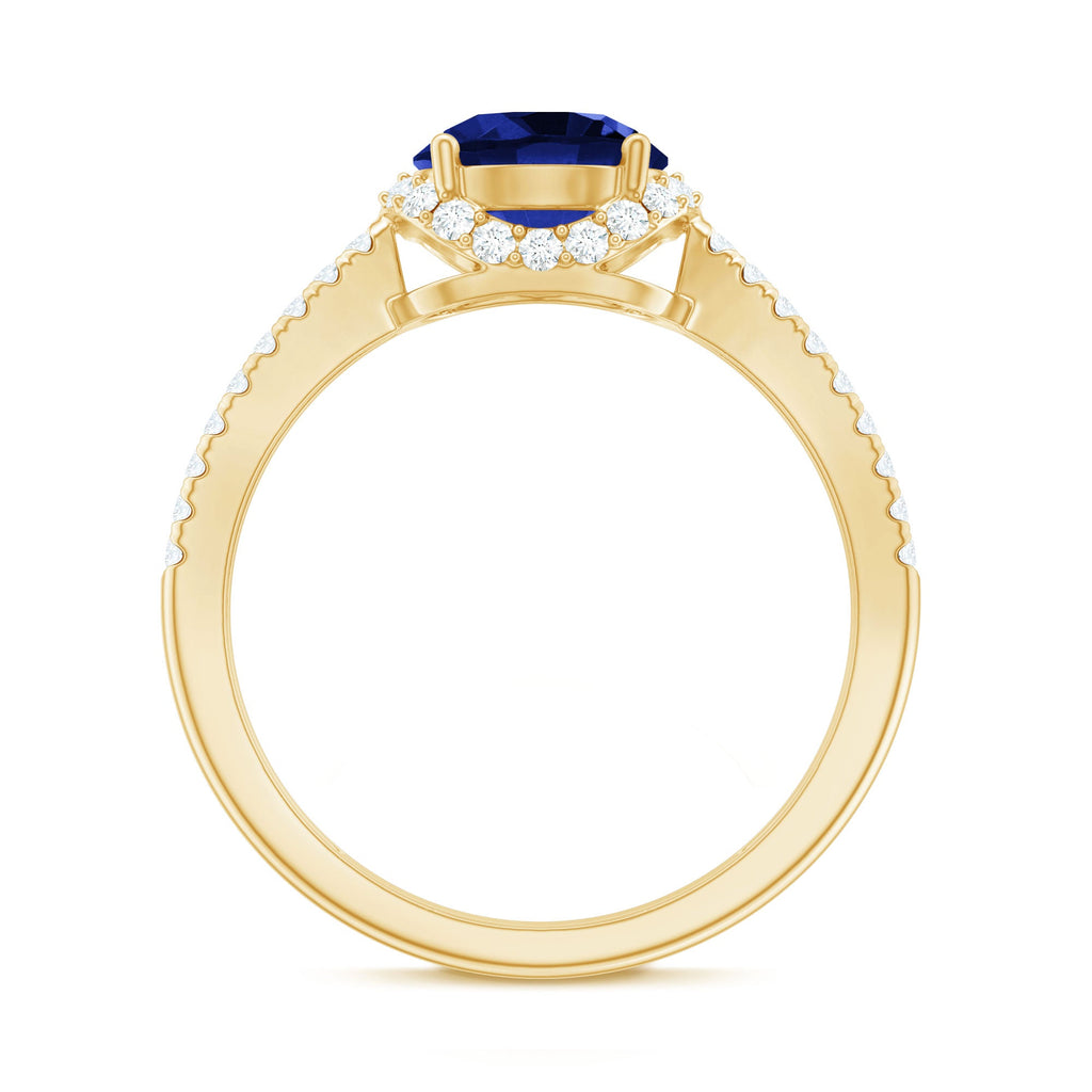 Lab Grown Blue Sapphire Round Engagement Ring with Diamond Halo
