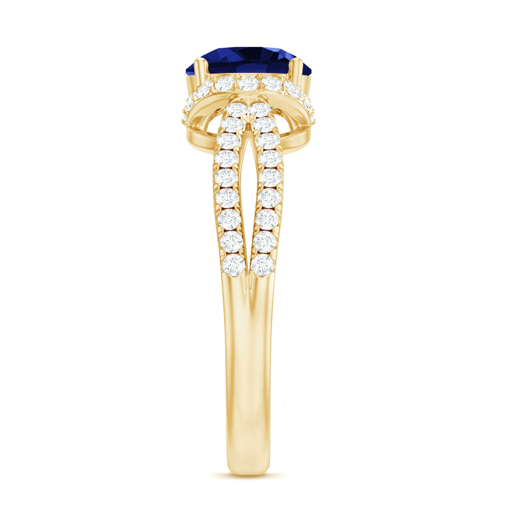 Lab Grown Blue Sapphire Round Engagement Ring with Diamond Halo