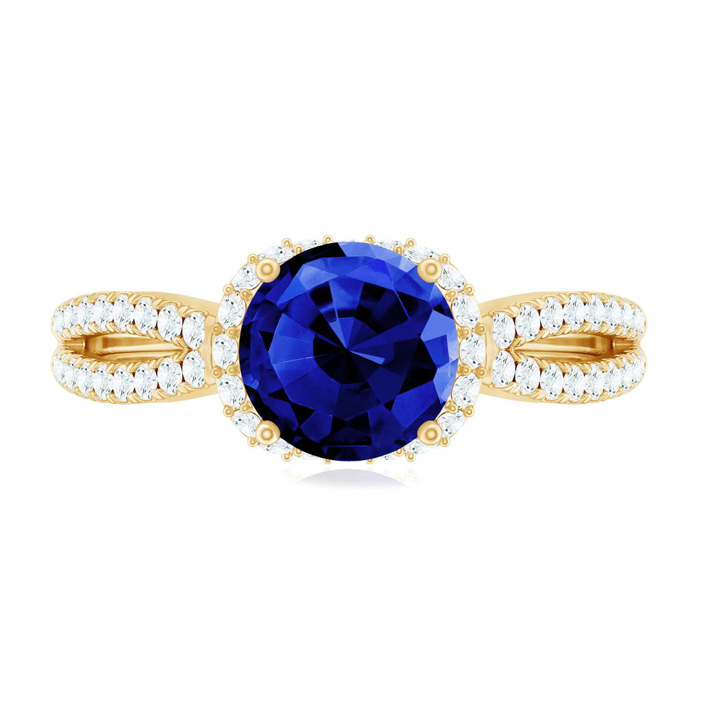 Lab Grown Blue Sapphire Round Engagement Ring with Diamond Halo