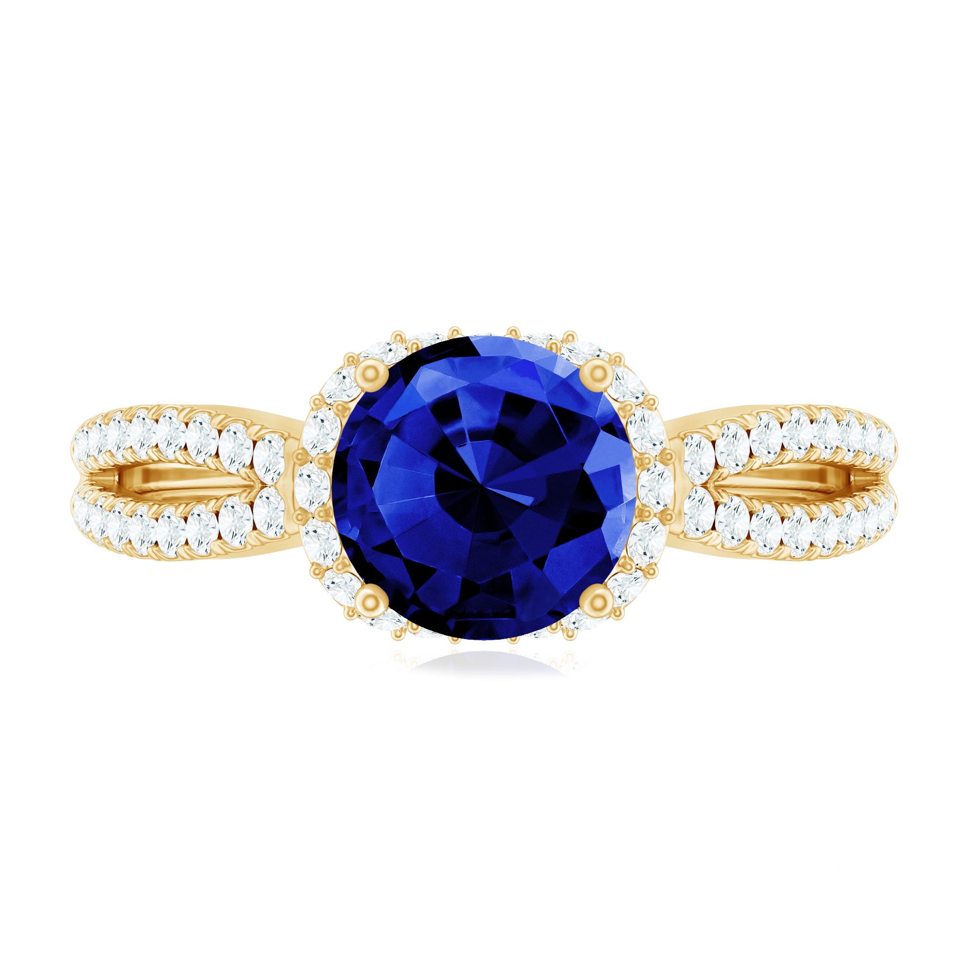 Lab Grown Blue Sapphire Round Engagement Ring with Diamond Halo