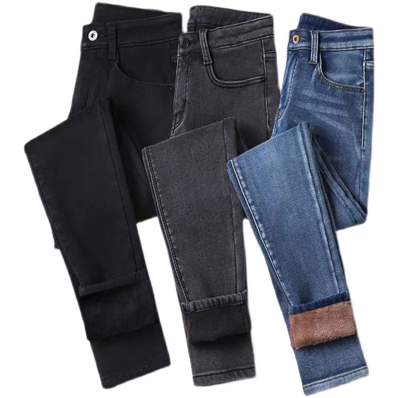 Women Velvet Jeans Stretch High Waist Winter Warm Pants