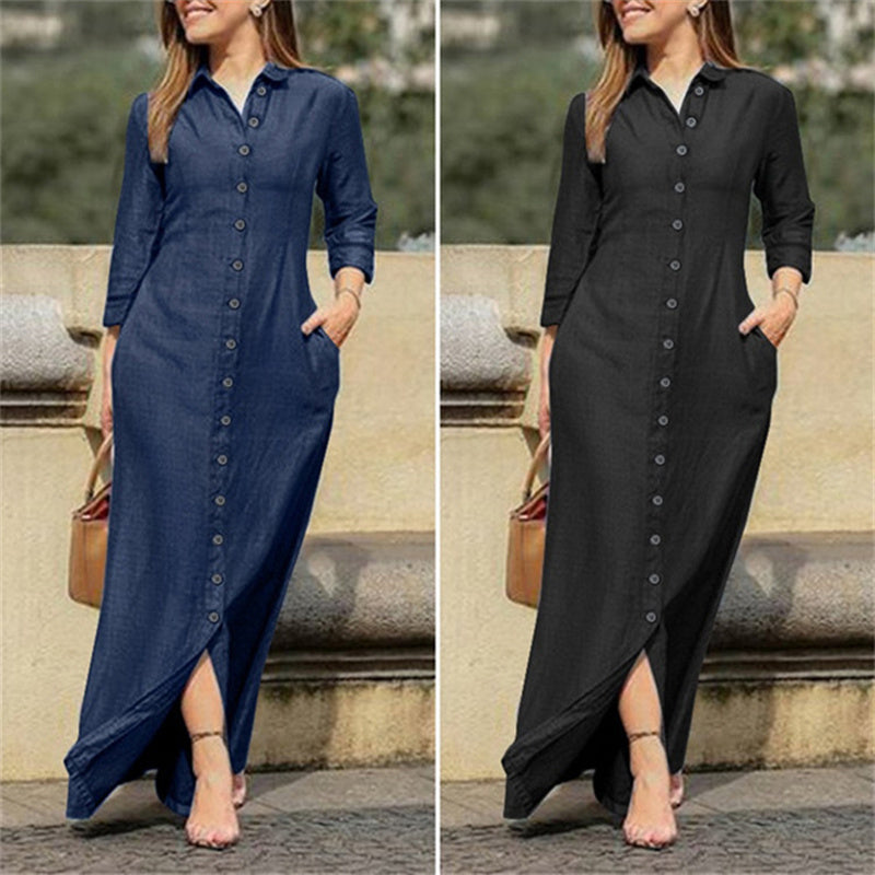 Womens Casual Button Down Denim Maxi Dress Long Sleeve Long Jean Dresses With Pockets