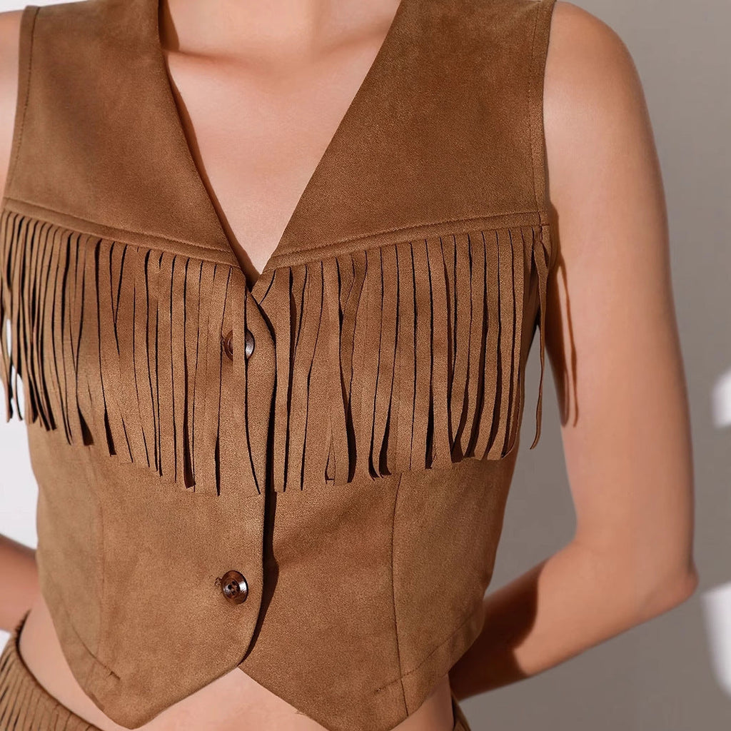 Western Denim Style V-neck Tassel Short Slim Fit Women's Sleeveless Vest Jacket Set