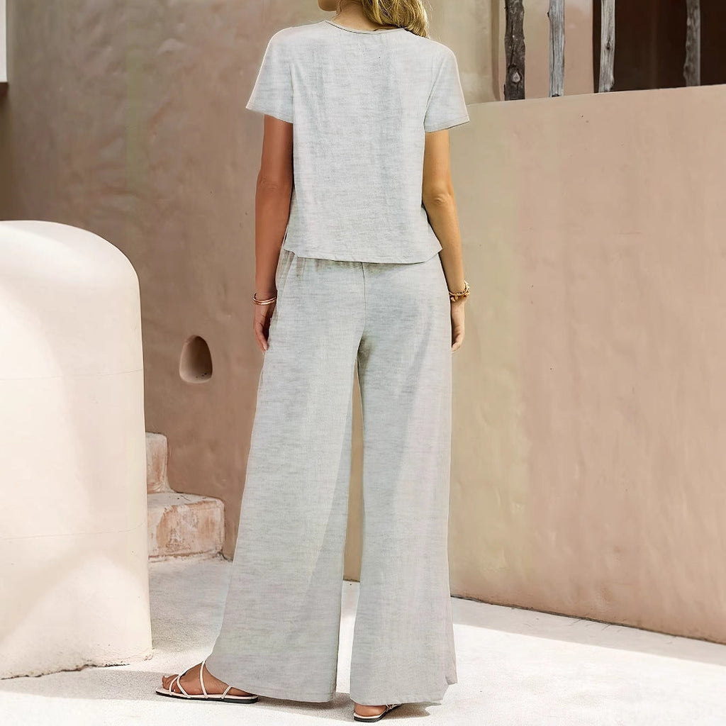 Women's Summer Fashion Solid Color Round Neck Top Paired With Casual Wide Leg Pants Set