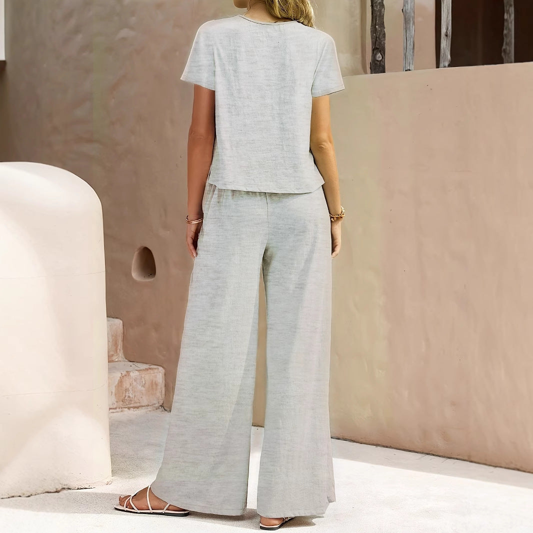 Women's Summer Fashion Solid Color Round Neck Top Paired With Casual Wide Leg Pants Set
