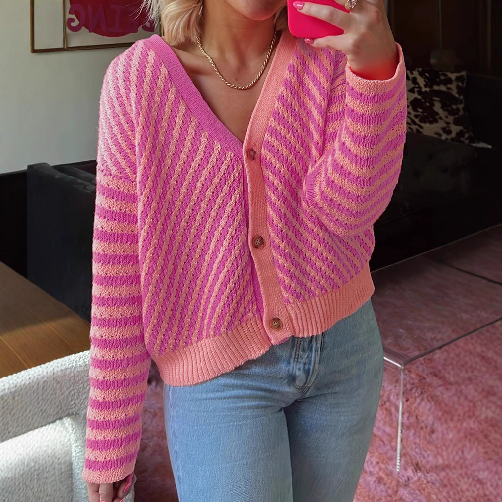 Patchwork Stripes V-neck Loose All-match Women's Cardigan Sweater