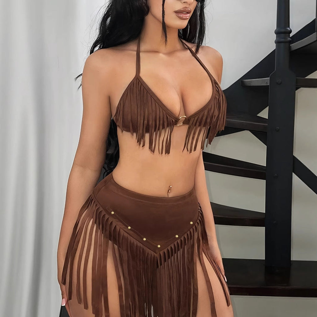 Women's Holiday Style Tassel Hanging Neck Backless Vest Set
