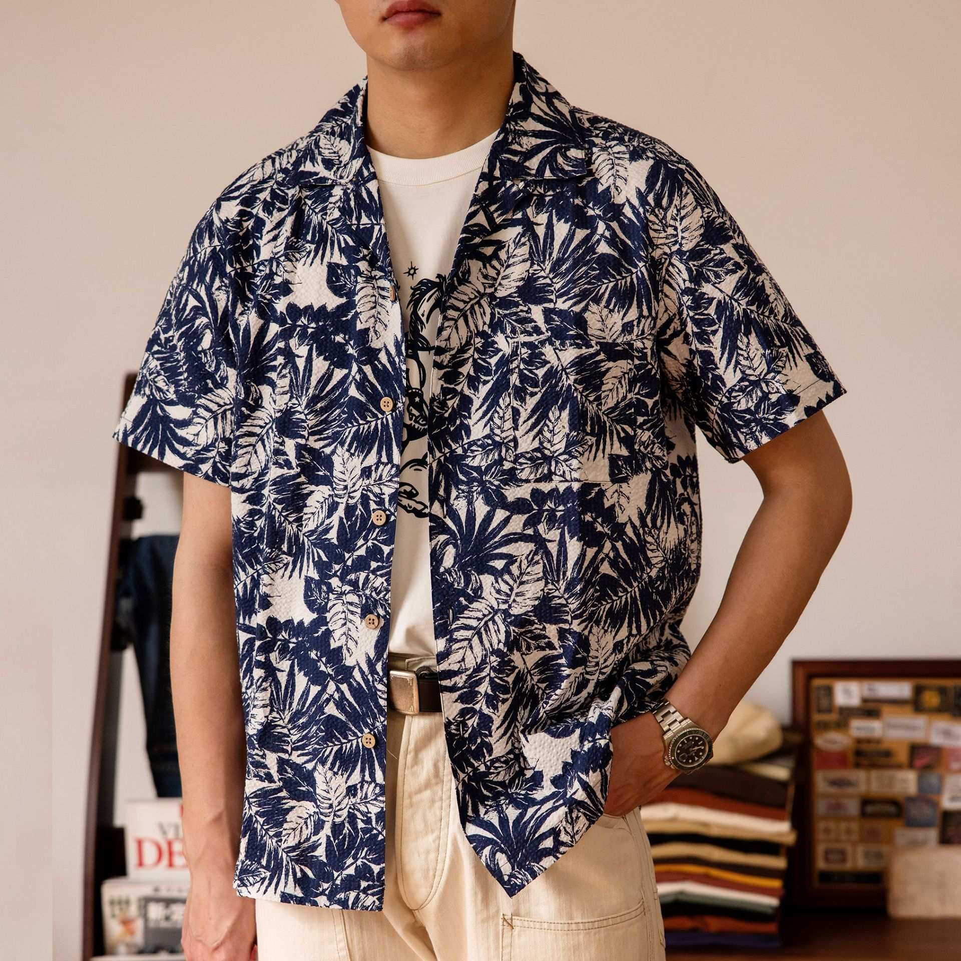 Vintage Printed Seersucker Cuban Collar Shirt