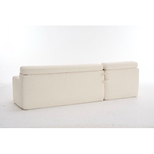 LY-029B WHITE COMPRESSION SOFA Combining Chaise Longue With 3-seater  Wood Grain Chenille Fabric, Full Sponge Compression Sofa,combined Sofa With 2 Pillows For Living Home Furniture