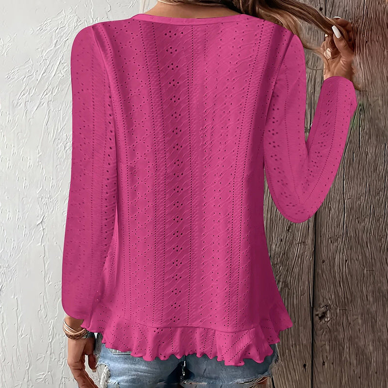 Women Eyelet Long Sleeve Tops Shirts Dressy Casual Crew Neck Ruffle Hem Blouses
