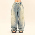 Washed Distressed Casual Loose Wide-leg Jeans Splash-ink Design Slimming Unisex Style Mop Pants Men And Women