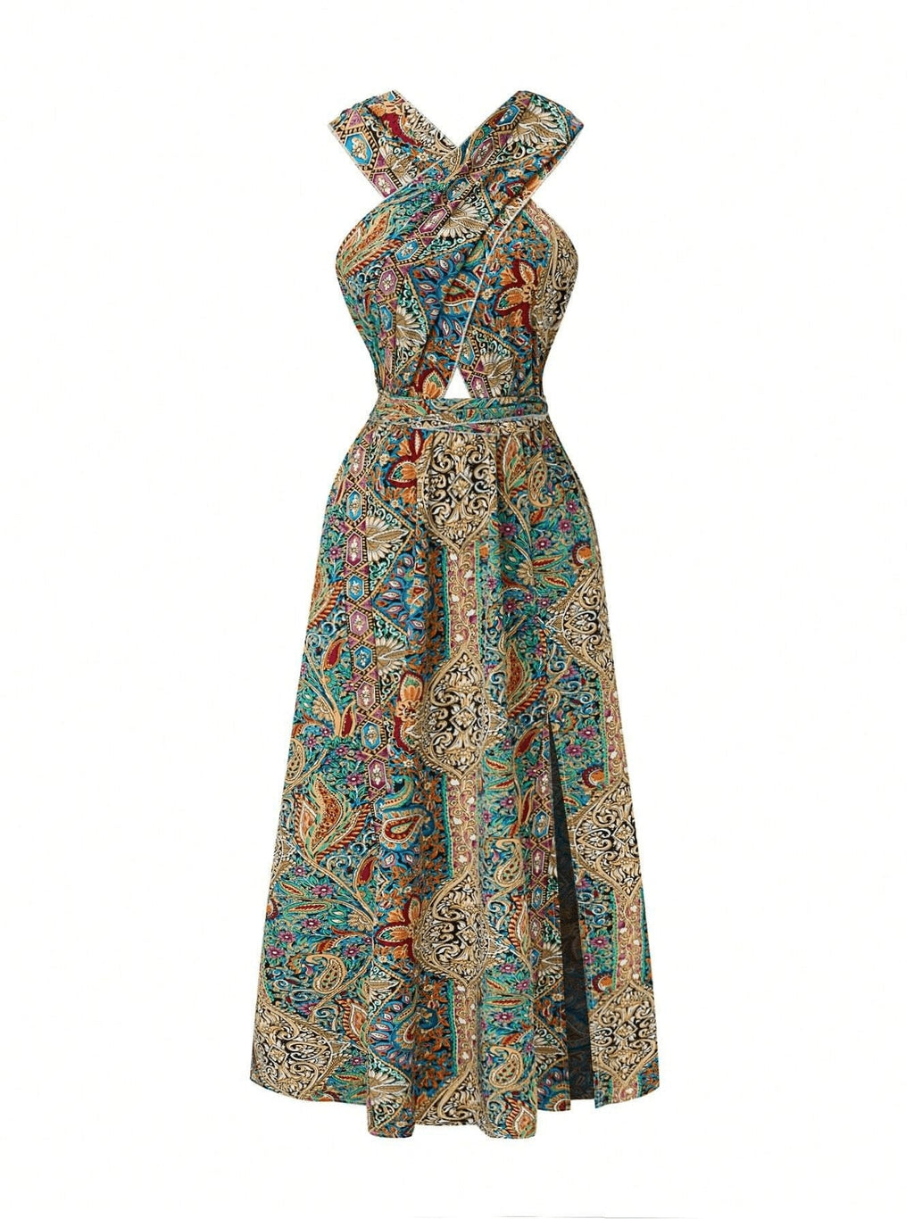 Women Print Maxi Dress High Waisted Cross Halter Neck With Tie Detail,Flowing Vacation Gown In Teal, Blue-Green & Brown Paisley   Pattern, Machine Washable, Summer Fashion Decorative Tie Detail