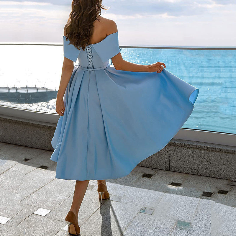 Women's Fashion Casual Strapless Satin Party Dress Off The Shoulder Tea Length Satin Prom Dresses With Pockts Formal Evening Party Dress